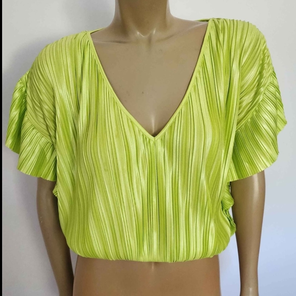 Zara Pleated Lime Green V-Neck Blouse